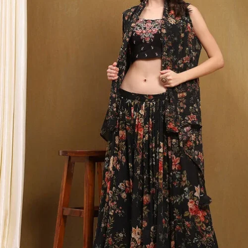Black Floral Georgette Lehenga with Blouse & Shrug