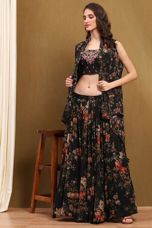 Black Floral Georgette Lehenga with Blouse & Shrug