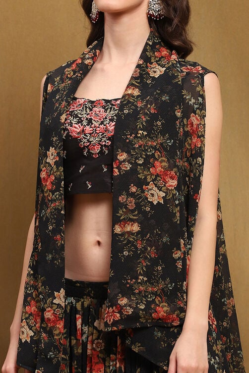 Black Floral Georgette Lehenga with Blouse & Shrug