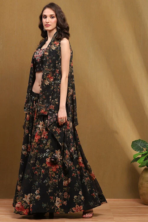 Black Floral Georgette Lehenga with Blouse & Shrug