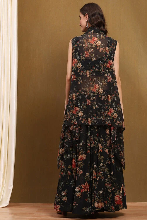 Black Floral Georgette Lehenga with Blouse & Shrug