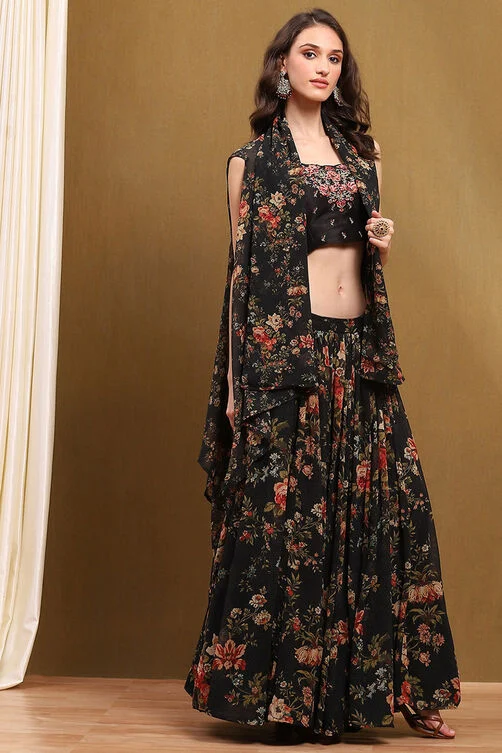 Black Floral Georgette Lehenga with Blouse & Shrug