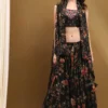 Black Floral Georgette Lehenga with Blouse & Shrug