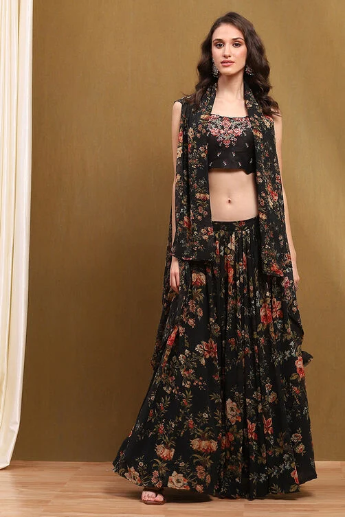 Black Floral Georgette Lehenga with Blouse & Shrug