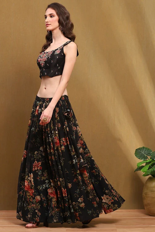 Black Floral Georgette Lehenga with Blouse & Shrug